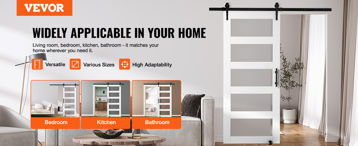 VEVOR barn door kit showcased in living room, bedroom, kitchen, and bathroom settings, highlighting versatility.