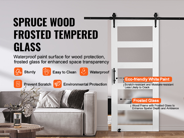 spruce wood door with frosted tempered glass, VEVOR barn door kit, eco-friendly white paint, modern living room.