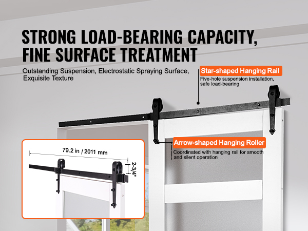 strong load-bearing VEVOR barn door kit with fine surface treatment, hanging rail, and roller details.