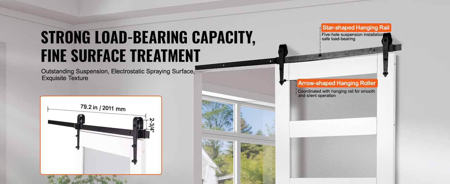 strong load-bearing VEVOR barn door kit with fine surface treatment, hanging rail, and roller details.