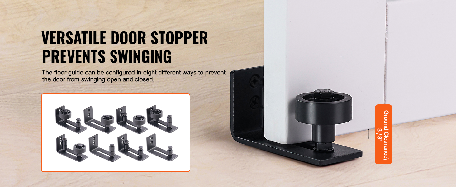 versatile door stopper prevents swinging, featuring 8 configurations and 3/8" ground clearance. VEVOR barn door kit.