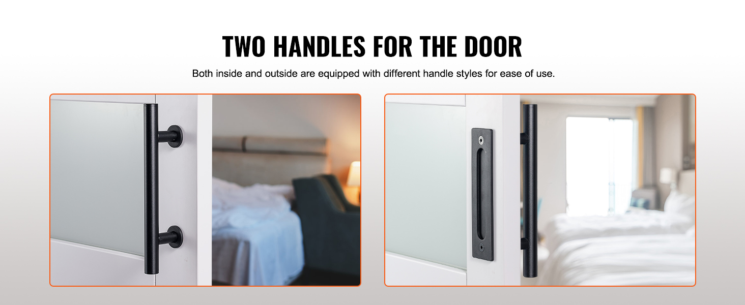 two handles, one rounded and one recessed, on a VEVOR barn door kit in a modern bedroom setting.