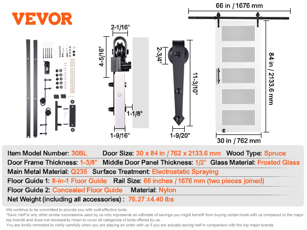 VEVOR barn door kit details: 30x84in frosted glass door, spruce wood, 66in rail, and nylon floor guide.