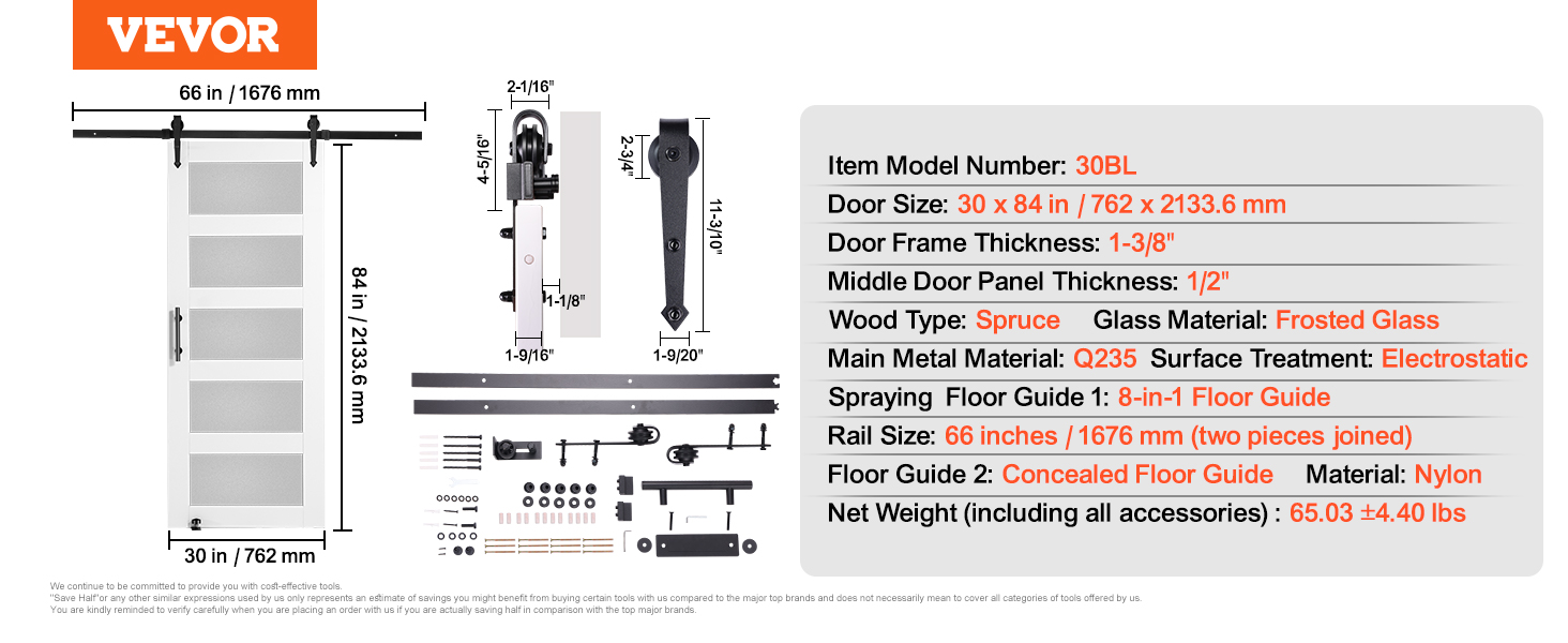 VEVOR barn door kit details: 30x84in frosted glass door, spruce wood, 66in rail, and nylon floor guide.