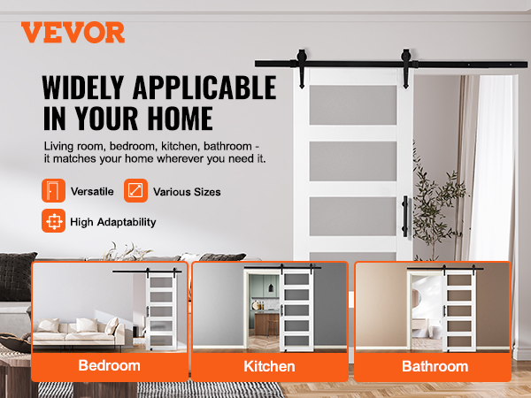 VEVOR barn door kit, versatile for bedroom, kitchen, and bathroom; adaptable and available in various sizes.