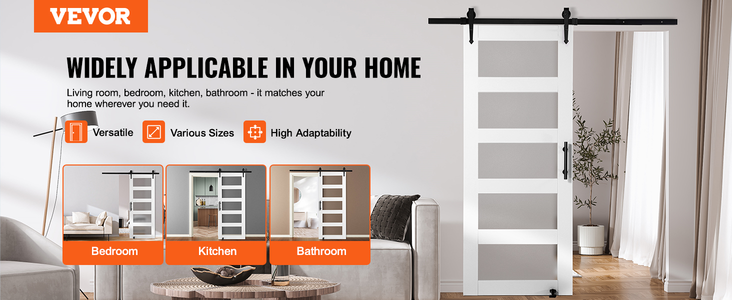VEVOR barn door kit, versatile for bedroom, kitchen, and bathroom; adaptable and available in various sizes.