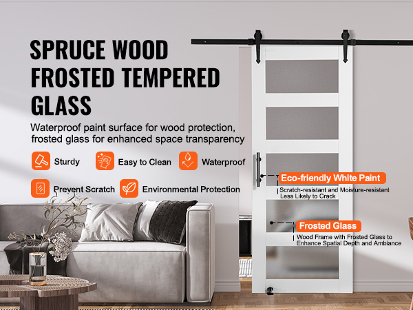 VEVOR barn door kit with spruce wood, frosted tempered glass, eco-friendly white paint, and scratch-resistant features.
