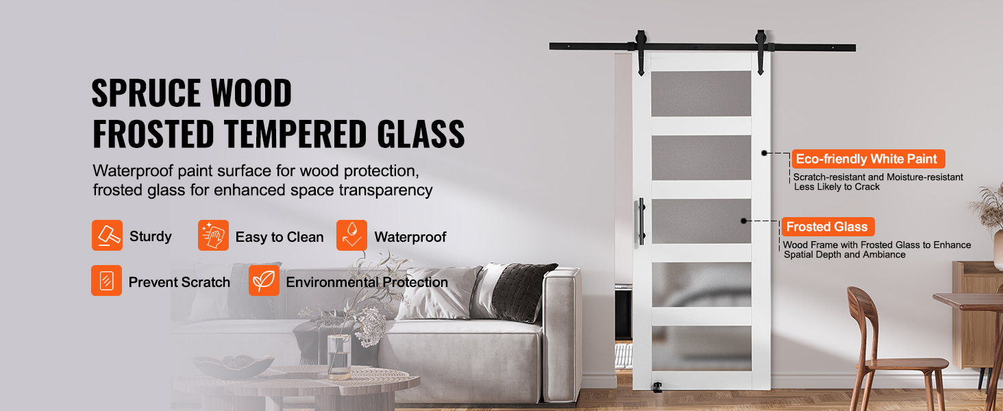 VEVOR barn door kit with spruce wood, frosted tempered glass, eco-friendly white paint, and scratch-resistant features.