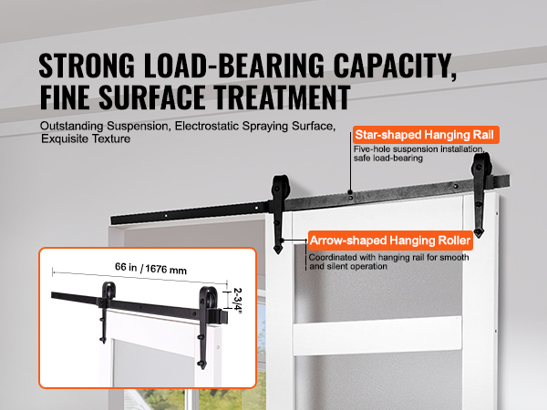 VEVOR barn door kit featuring strong load-bearing capacity, star-shaped hanging rail, arrow-shaped roller.
