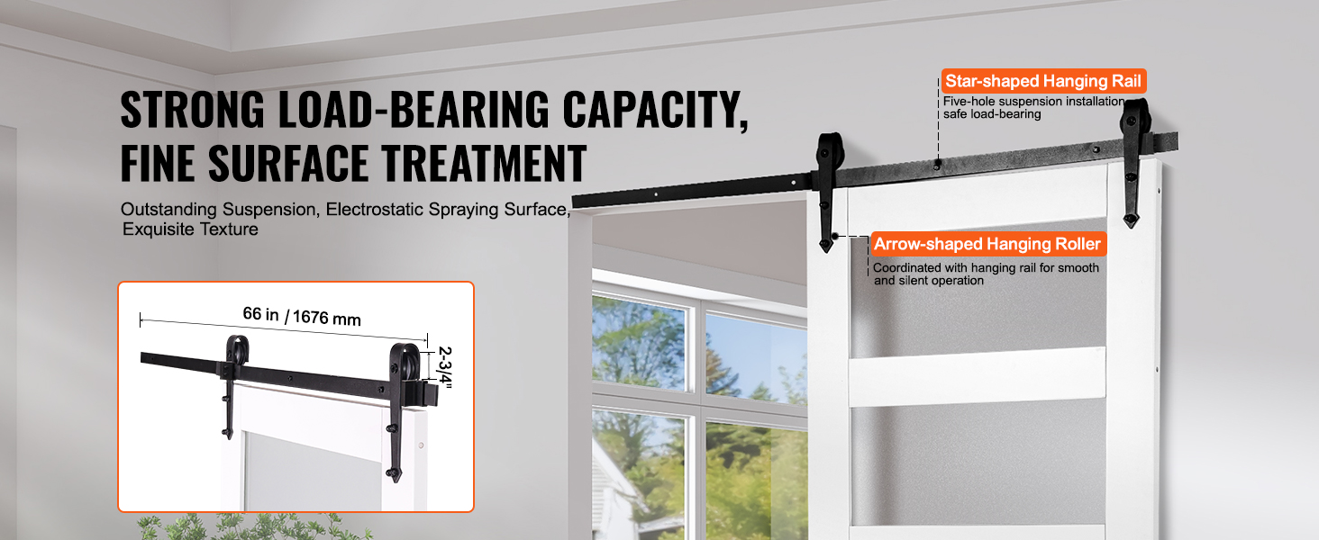 VEVOR barn door kit featuring strong load-bearing capacity, star-shaped hanging rail, arrow-shaped roller.