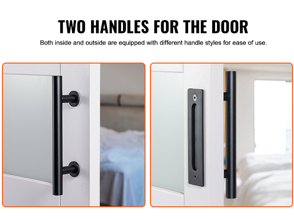 two handle styles on a white door under "two handles for the door" text; VEVOR barn door kit.