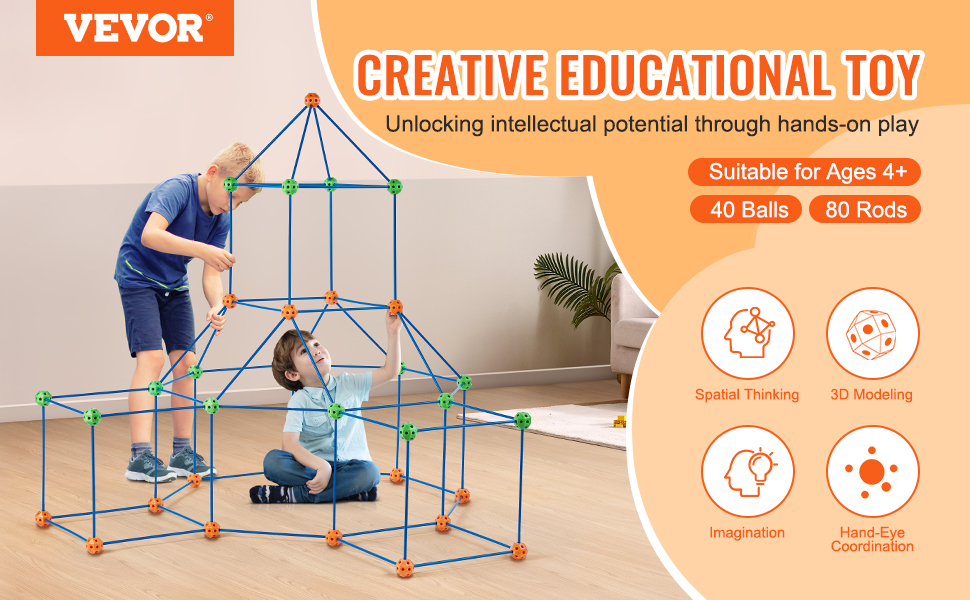 VEVOR tent fort kit for creative educational play, suitable for ages 4+, includes 40 balls and 80 rods.
