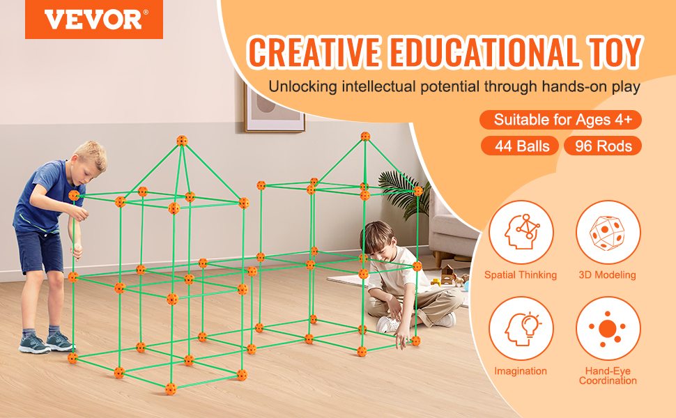 children building with the VEVOR tent fort kit, suitable for ages 4+, 44 balls, 96 rods, creative play.