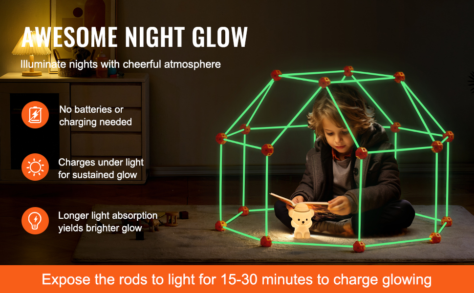 VEVOR tent fort kit night glow, child reading inside illuminated green frame, no charging needed.