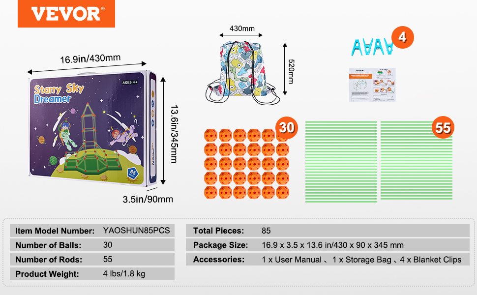 VEVOR tent fort building kit includes 85 pieces, storage bag, blanket clips, and user manual for kids ages 6+.