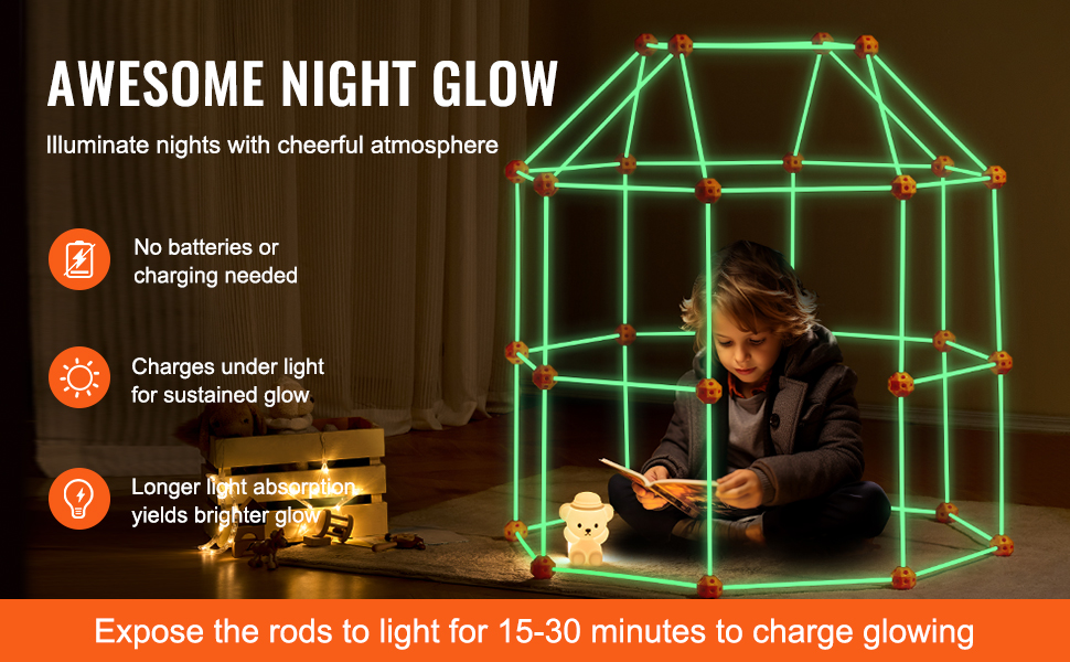 child reading inside glowing VEVOR tent fort building kit, creating a cheerful night atmosphere.