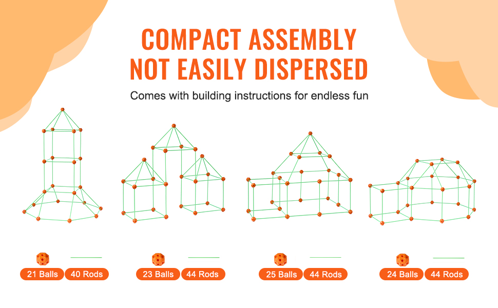compact structures created with VEVOR tent fort building kit, showing rods and balls for assembly fun.