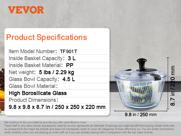 VEVOR glass salad spinner with 4.5l glass bowl, 3l pp basket, dimensions 9.8x8.7 inches.
