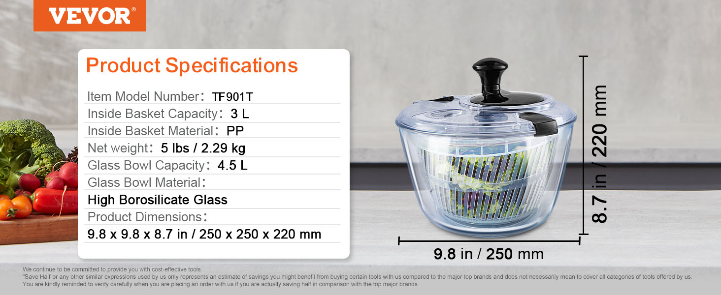 VEVOR glass salad spinner with 4.5l glass bowl, 3l pp basket, dimensions 9.8x8.7 inches.