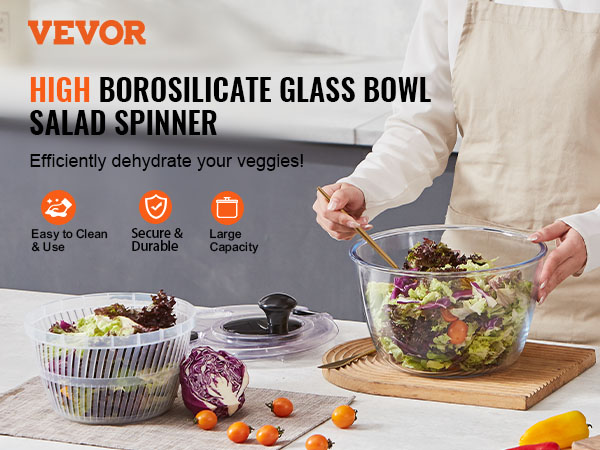 VEVOR glass salad spinner with high borosilicate glass bowl, showcasing secure, durable, and easy use.