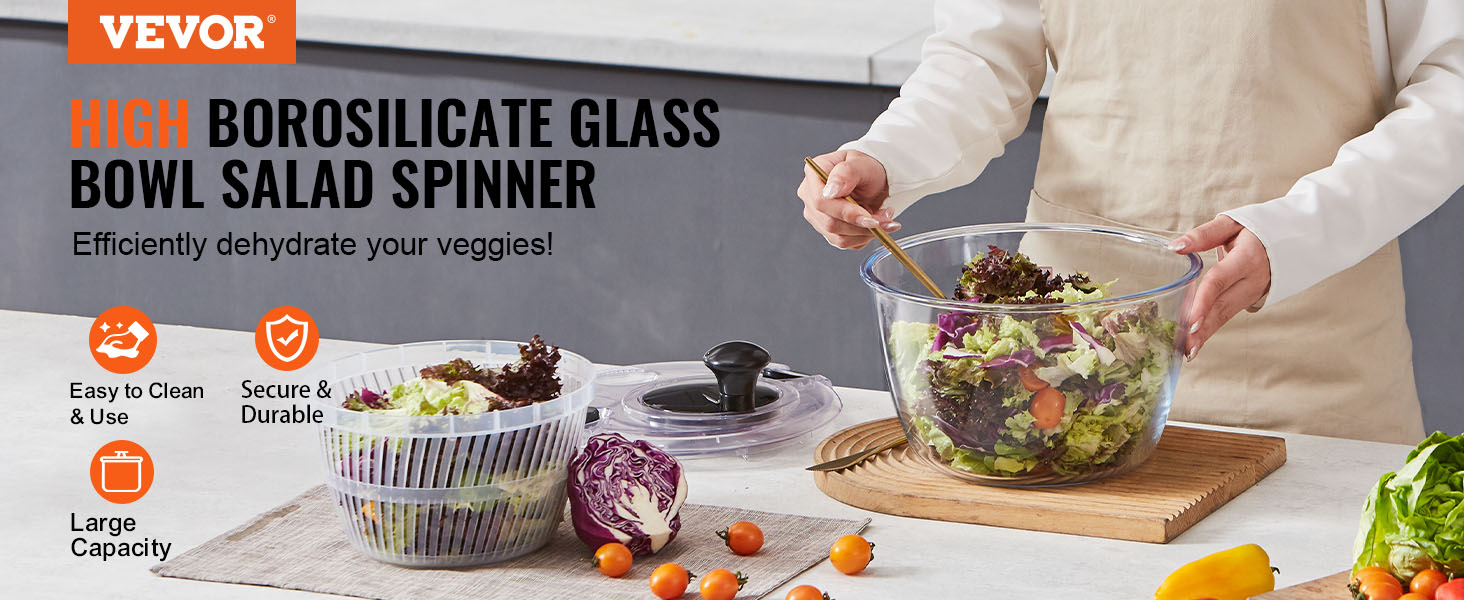 VEVOR glass salad spinner with high borosilicate glass bowl, showcasing secure, durable, and easy use.