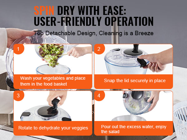 hands using the VEVOR glass salad spinner under a tap, illustrating effortless salad preparation.