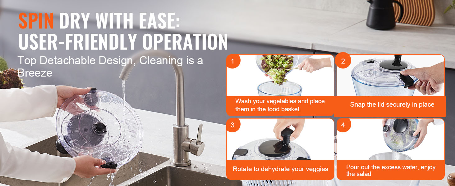 hands using the VEVOR glass salad spinner under a tap, illustrating effortless salad preparation.