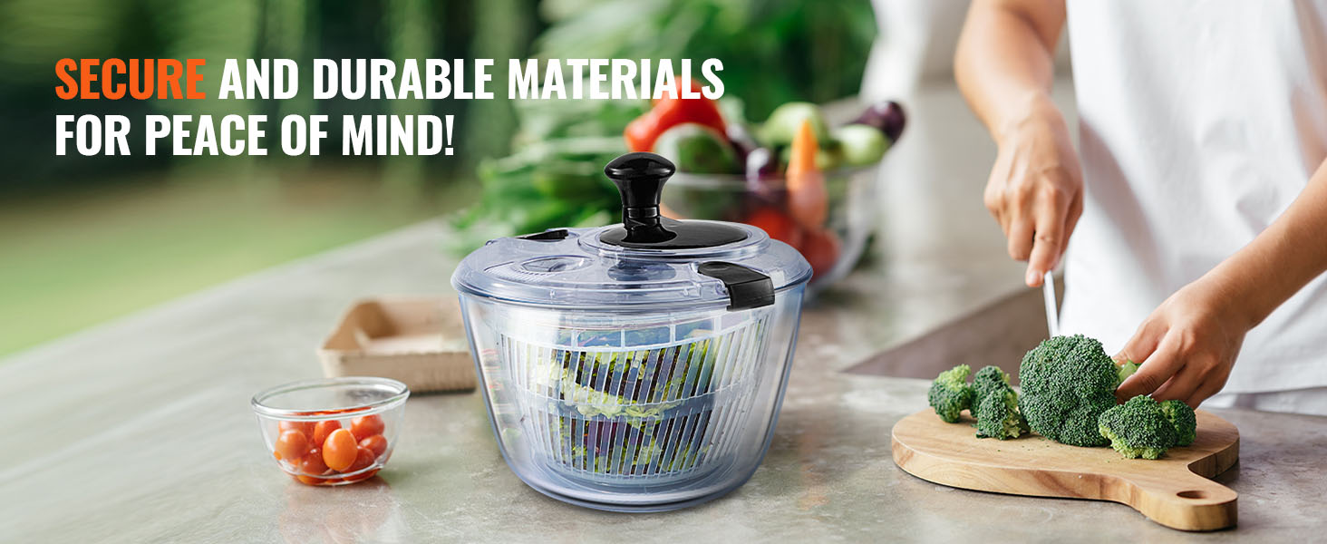 person preparing vegetables beside a VEVOR glass salad spinner on a kitchen counter.