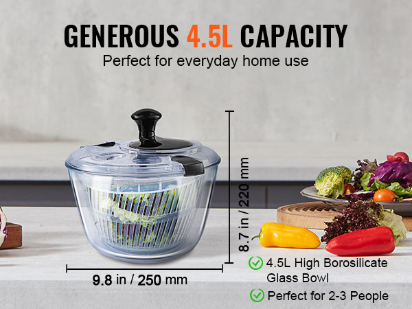VEVOR glass salad spinner with 4.5l capacity, perfect for everyday home use. bowl filled with fresh salad.