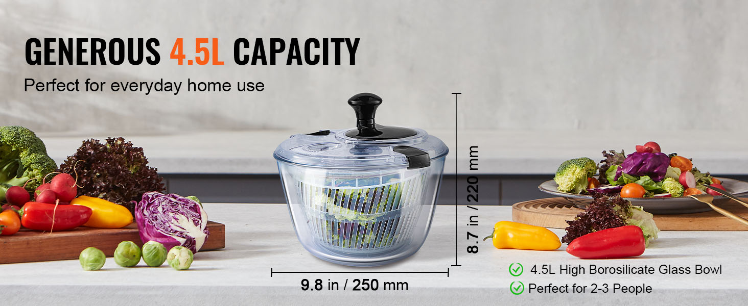 VEVOR glass salad spinner with 4.5l capacity, perfect for everyday home use. bowl filled with fresh salad.