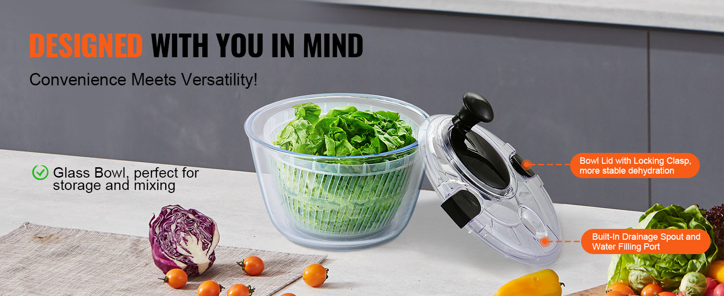 VEVOR glass salad spinner with locking clasp lid, built-in drainage spout, and water filling port.