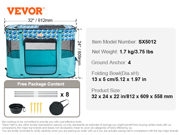 VEVOR foldable pet playpen package includes stakes, folding bowl, rods, cover; model sx5012, dimensions 32"x24".