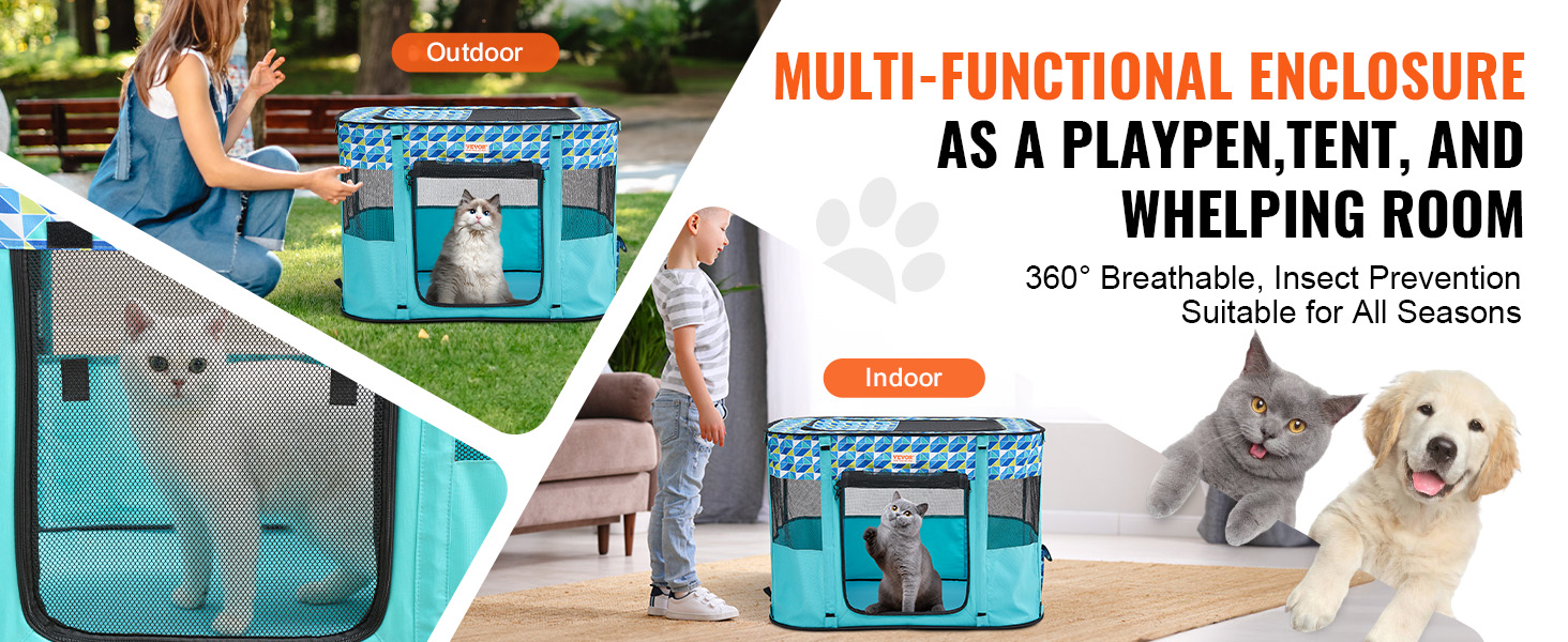 VEVOR foldable pet playpen shown outdoors and indoors, ideal for cats and dogs. multi-functional and breathable.