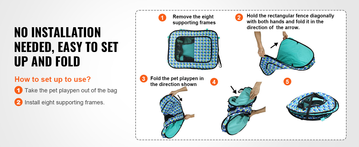 VEVOR foldable pet playpen setup and folding instructions, no installation required, easy storage.