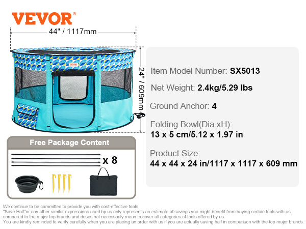 VEVOR pet playpen package: includes 44" playpen, folding bowl, ground anchors, and carrying bag.