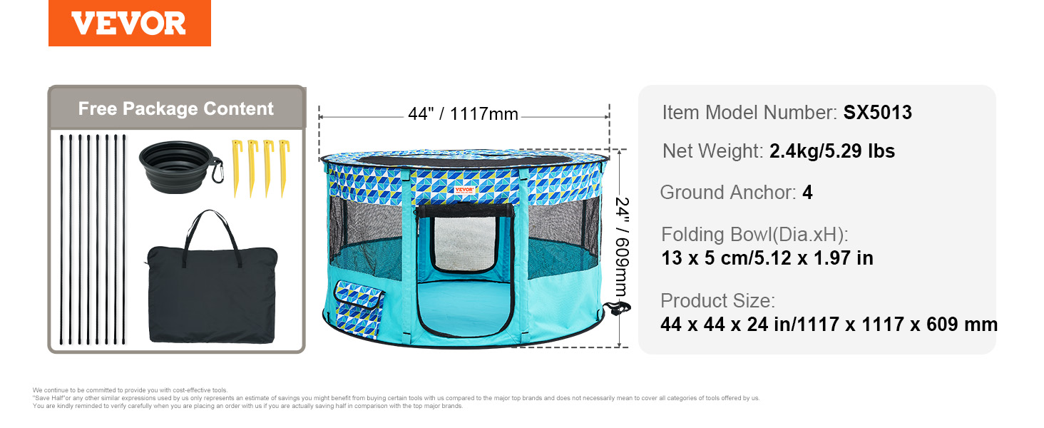 VEVOR pet playpen package: includes 44" playpen, folding bowl, ground anchors, and carrying bag.