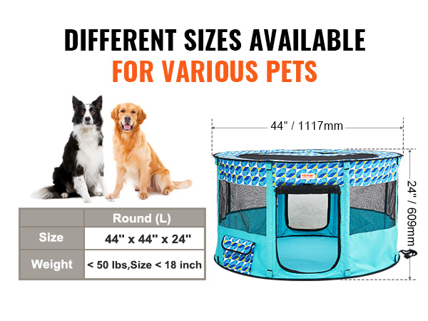 VEVOR pet playpen in various sizes for pets, including square, octagon, and round shapes.