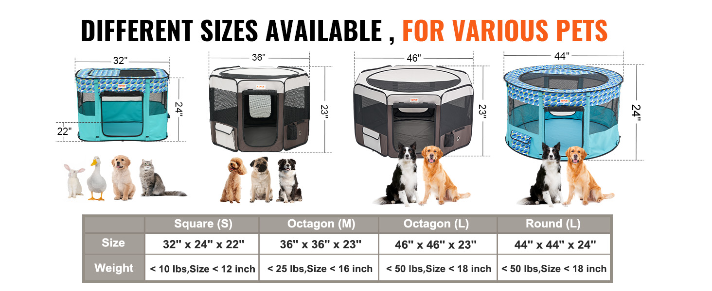 VEVOR pet playpen in various sizes for pets, including square, octagon, and round shapes.