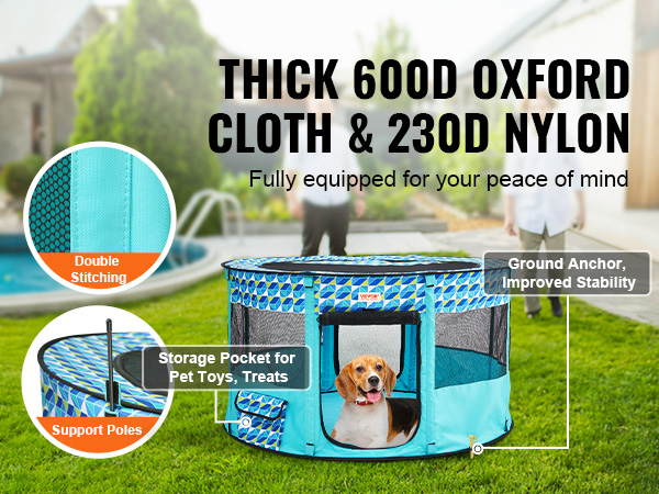 VEVOR pet playpen with 600d oxford cloth, side door with lock, and storage pocket for pet toys and treats.