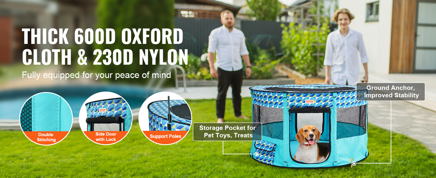 VEVOR pet playpen with 600d oxford cloth, side door with lock, and storage pocket for pet toys and treats.