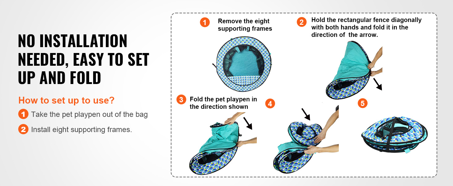 no installation, easy setup and fold for VEVOR pet playpen with diagram illustrating steps.