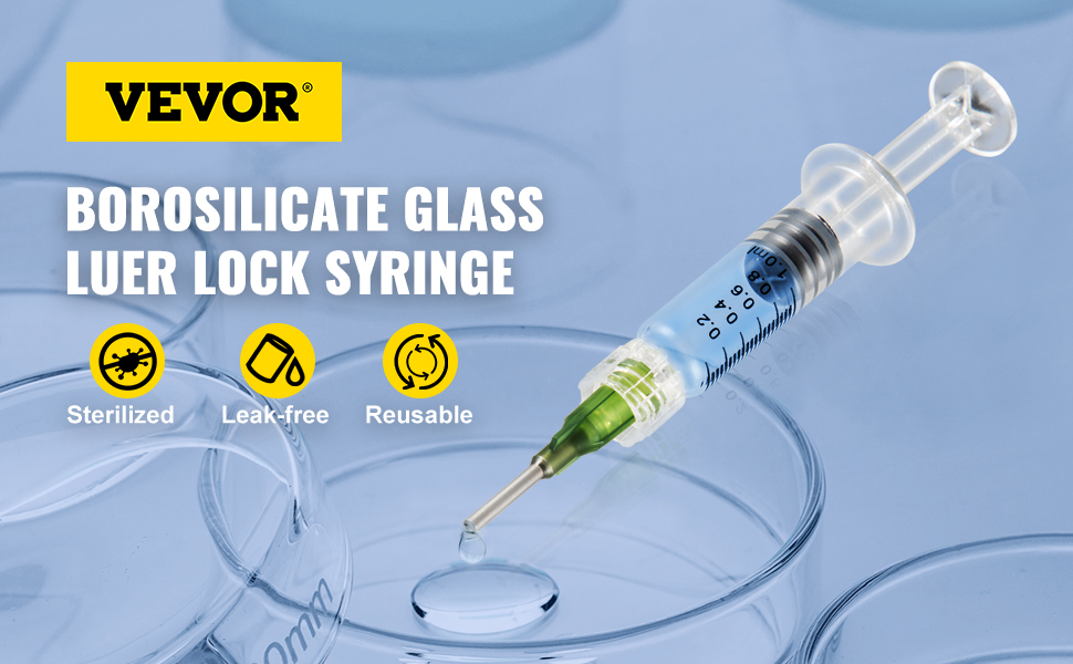 VEVOR stikla šļirce ar borosilikāta luer fiksatoru, sterilizēta, necaurlaidīga, atkārtoti lietojama.