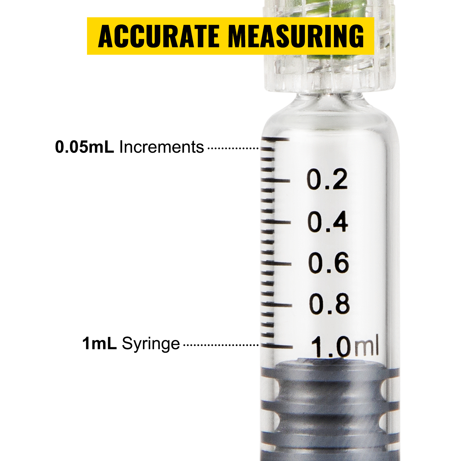 1 ml VEVOR stikla šļirce ar 0,05 ml soli, marķēta precīzai mērīšanai.