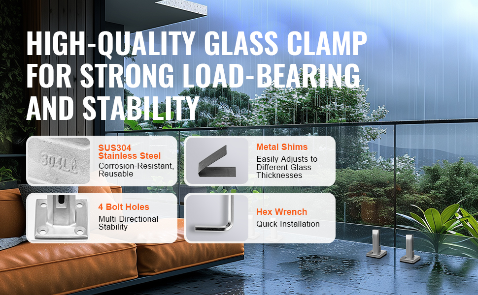 high-quality VEVOR glass clamp with sus304 stainless steel, metal shims, 4 bolt holes, and hex wrench.
