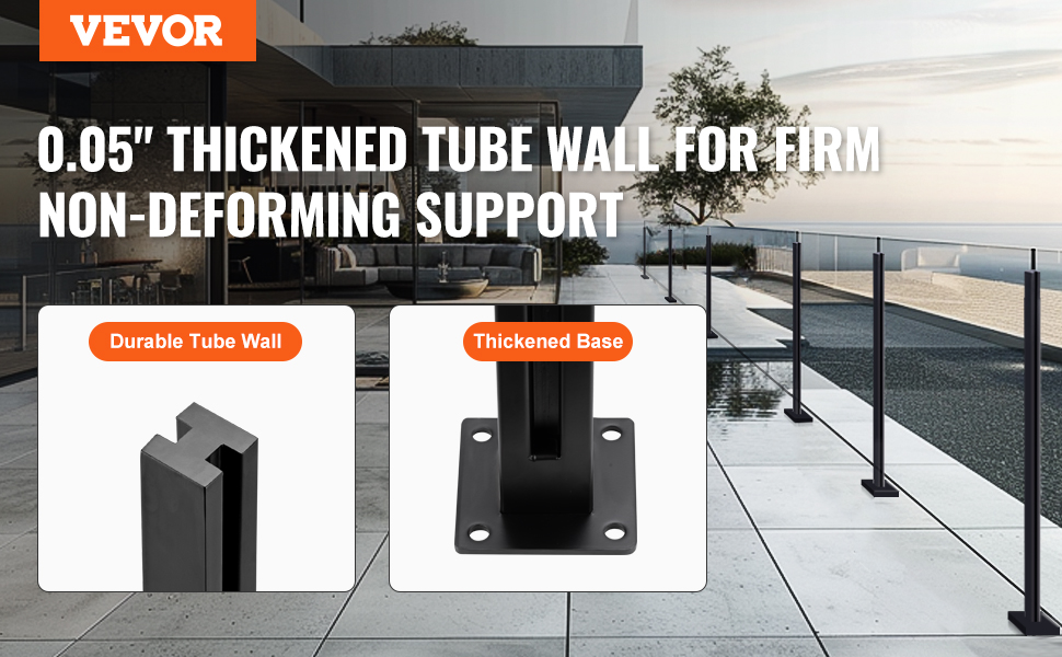 VEVOR glass clamp with 0.05" thickened tube wall and durable base for firm support by a modern patio.