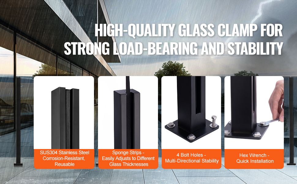 VEVOR glass clamp for strong load-bearing; sus304 stainless steel, sponge strips, 4 bolt holes, hex wrench.