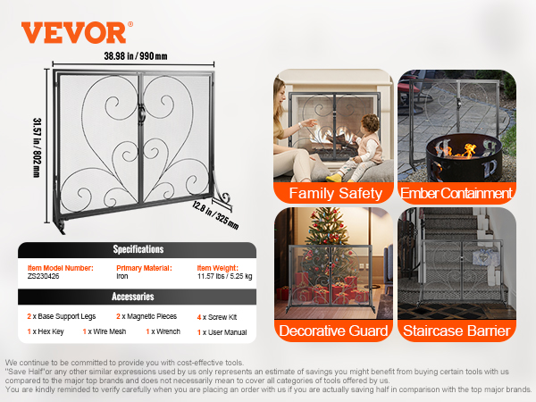 VEVOR fireplace screen with scroll design, iron material, 38.98 in wide, 31.57 in high.