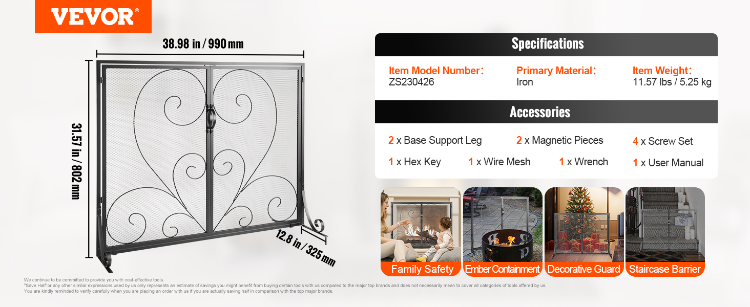 VEVOR fireplace screen with scroll design, iron material, 38.98 in wide, 31.57 in high.