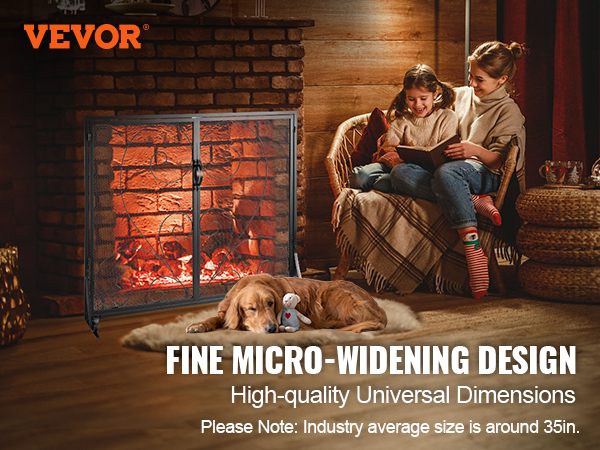 VEVOR fireplace screen beside a cozy fireplace with two people reading and a dog lying on a rug.