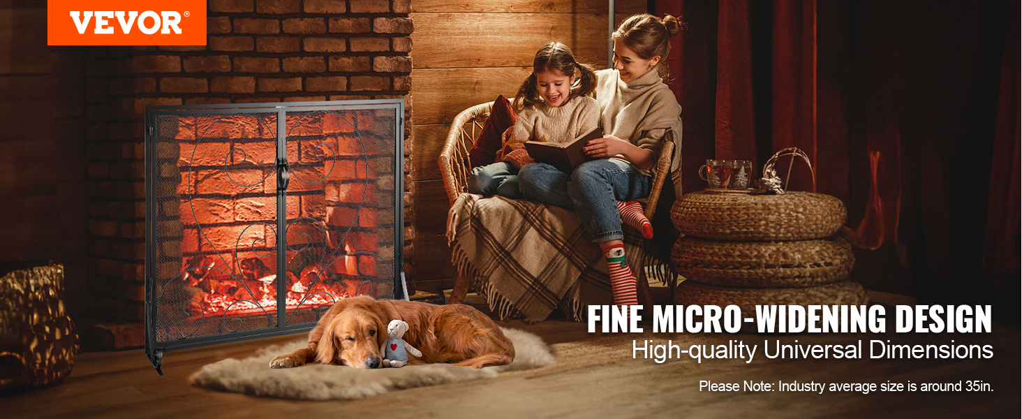 VEVOR fireplace screen beside a cozy fireplace with two people reading and a dog lying on a rug.